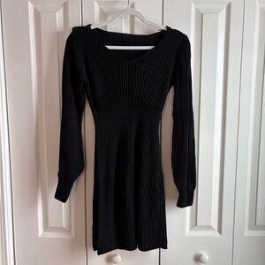 Black Ribbed Long-Sleeve Knit Dress